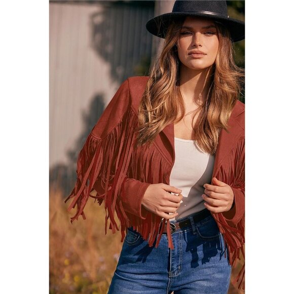 Women's  Brick Red Faux Suede Leather Tassel Motorcycle Cropped Jackets - Picture 8 of 9